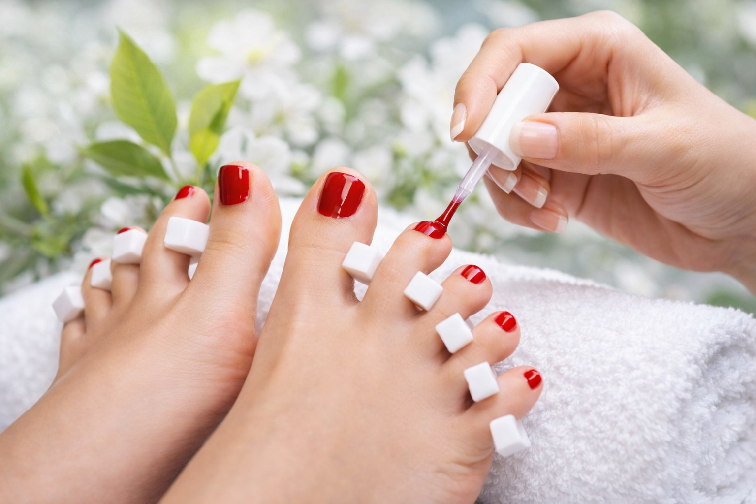 Close-up of a modern red gel pedicure with toe separators during polish application.