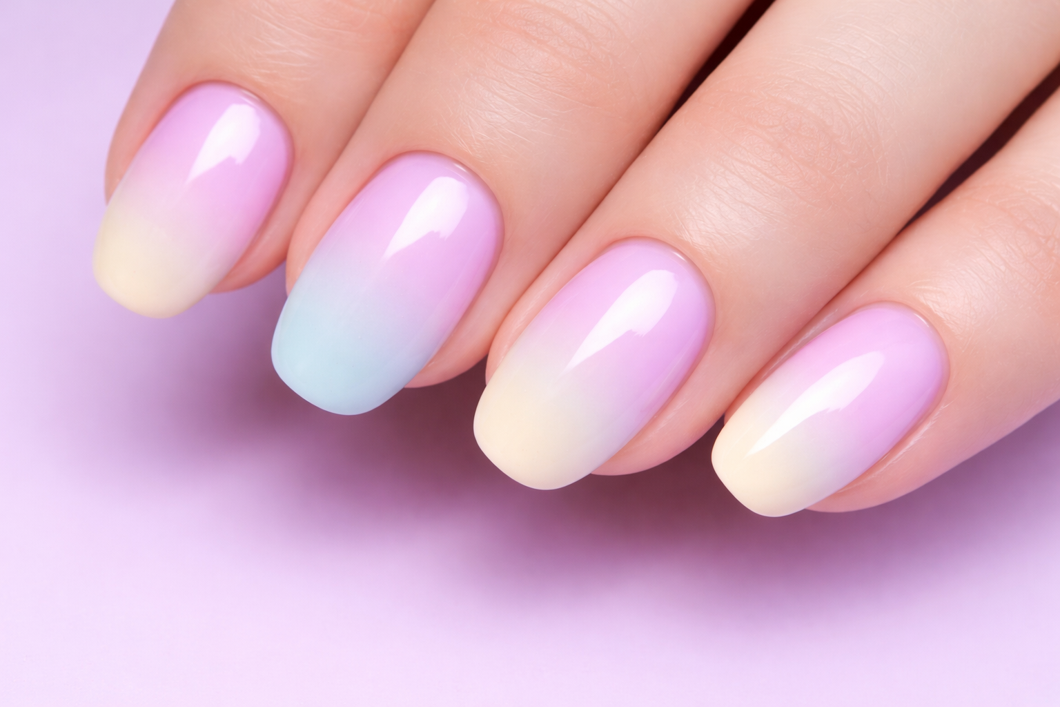 Close-up of almond-shaped nails with glossy pastel ombré gradient in pink, blue, and soft yellow on a lavender background