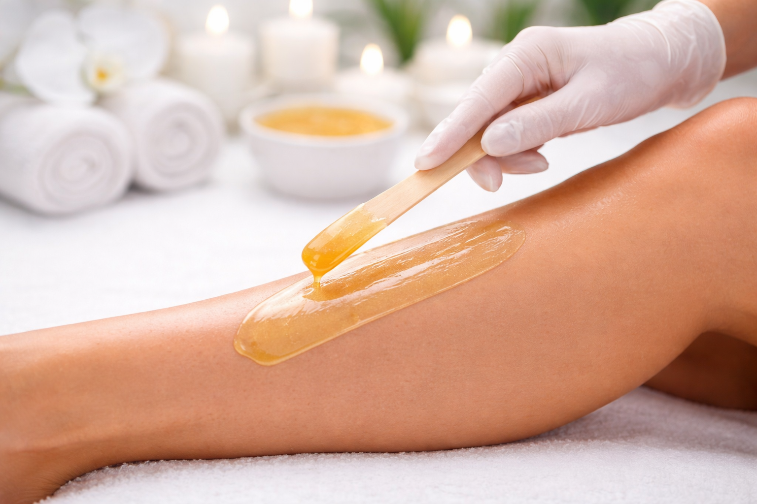 Close-up of professional leg waxing service with warm wax applied using a wooden spatula.