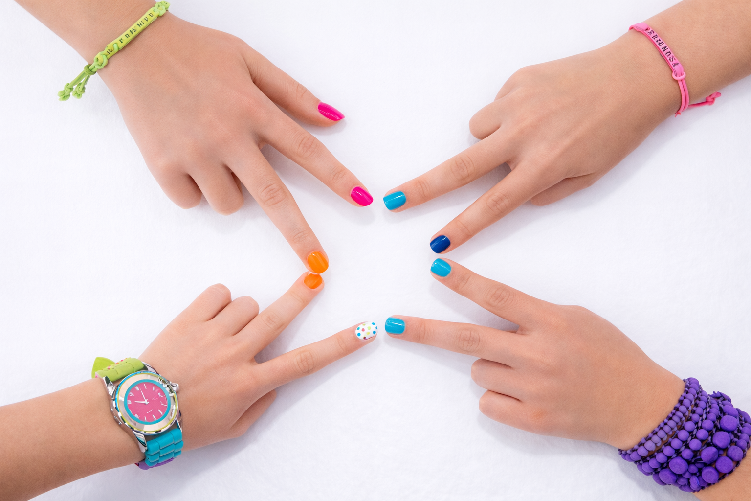 Four hands forming a circle with colorful short gel nails in pink, orange, and blue on a white background.
